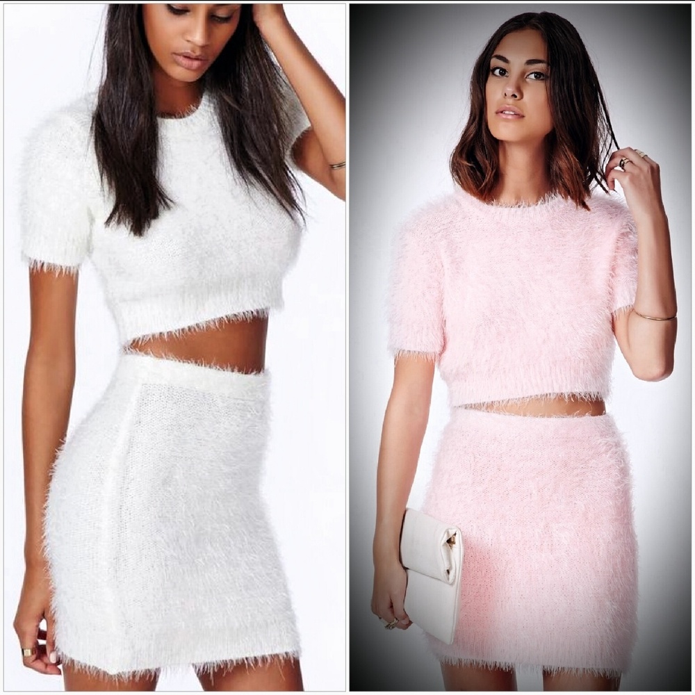 Missguided soft crop & skirt baby pink fur 8/10